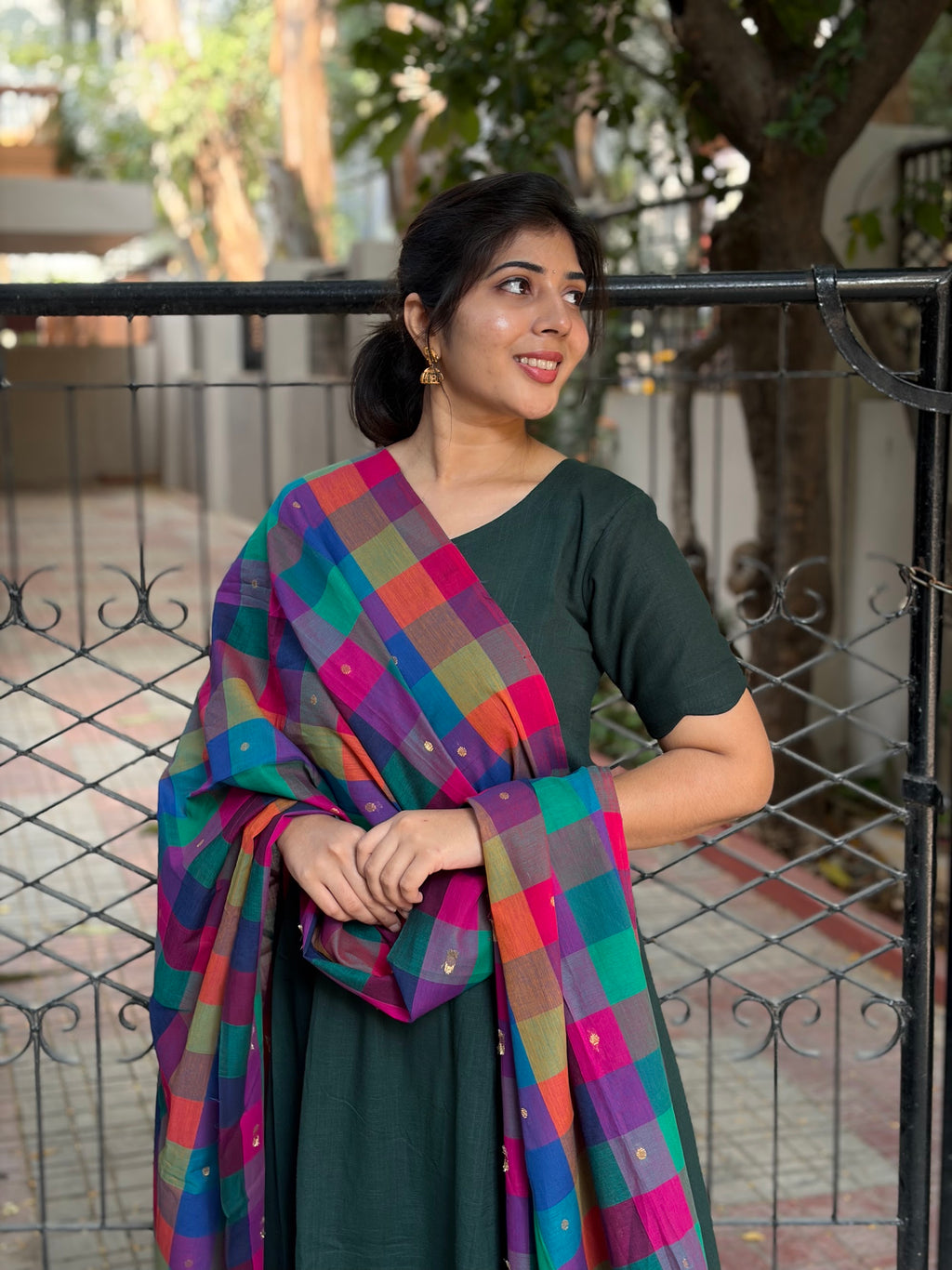 SC414- Bottle Green Cotton Set with Madras kattam Dupatta