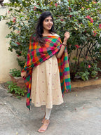 SC416- Cream Cotton Set with Madras kattam Dupatta