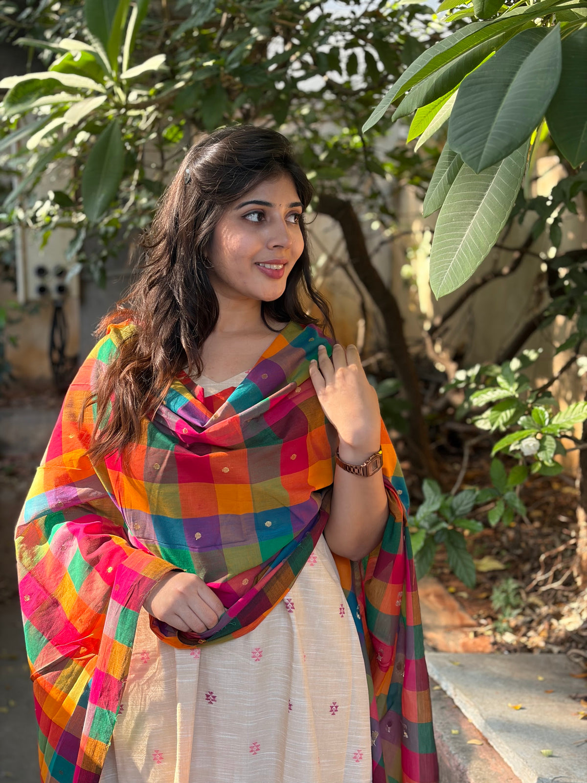 SC416- Cream Cotton Set with Madras kattam Dupatta