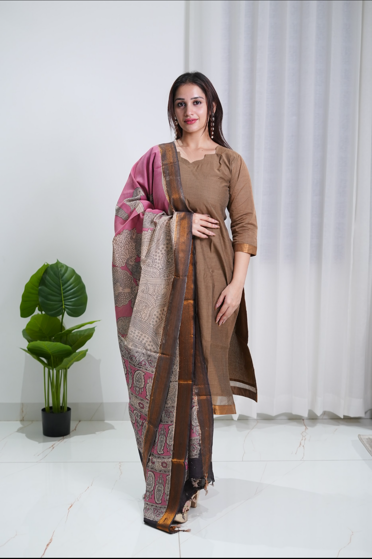 SC417- Brown Cotton Set with Pink Kalamkari Dupatta