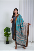 SC418- Charcoal Grey Cotton Set with Teal Kalamkari Dupatta
