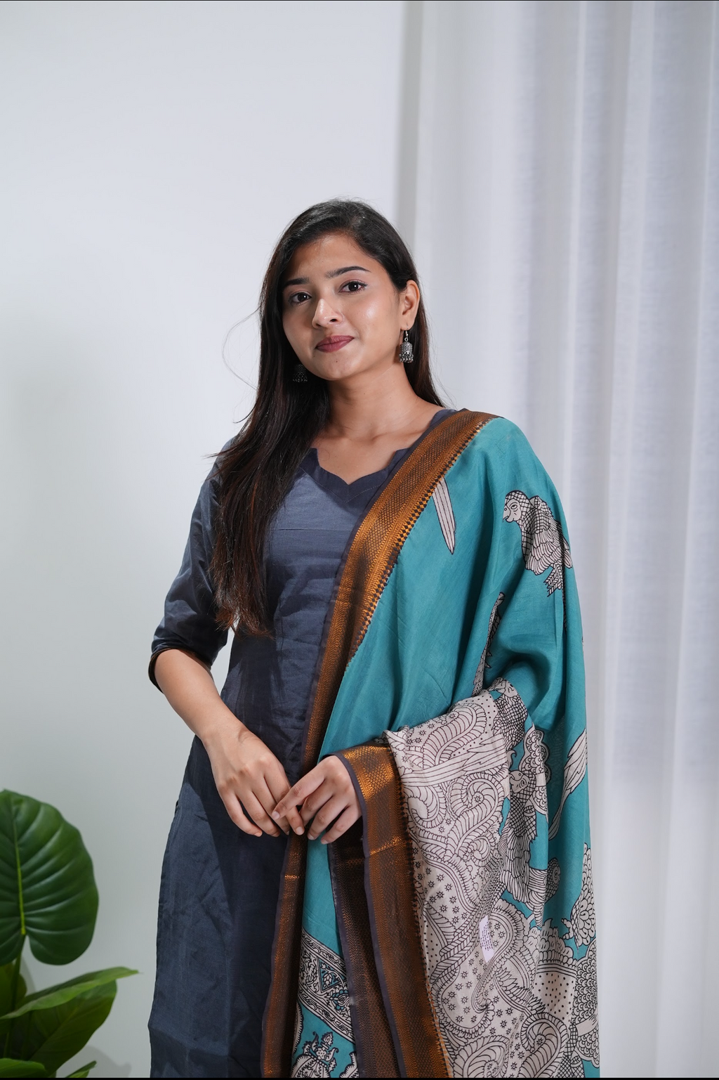 SC418- Charcoal Grey Cotton Set with Teal Kalamkari Dupatta